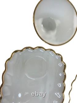 VTG Anchor Hocking Milk Glass Snack Set 22K Gold Rim 8-Piece Mid-Century New