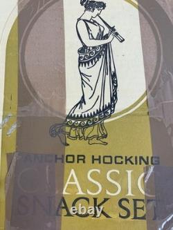 VTG Anchor Hocking Milk Glass Snack Set 22K Gold Rim 8-Piece Mid-Century New
