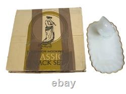 VTG Anchor Hocking Milk Glass Snack Set 22K Gold Rim 8-Piece Mid-Century New