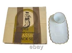 VTG Anchor Hocking Milk Glass Snack Set 22K Gold Rim 8-Piece Mid-Century New