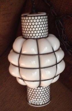 VTG Caged Bubble White Milk Glass Hanging Ceiling Light Fixture Lamp Iron Cage