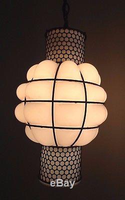 VTG Caged Bubble White Milk Glass Hanging Ceiling Light Fixture Lamp Iron Cage