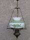 Vtg Ceiling Mount Hanging Lamp Light Hand Painted Hurricane Milk Glass Shade