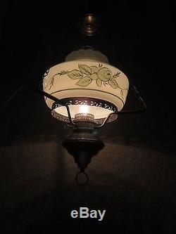 VTG Ceiling Mount Hanging Lamp Light Hand Painted Hurricane Milk Glass Shade