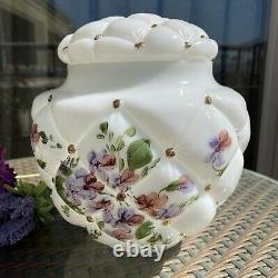 VTG Consolidated Glass Co Milk Glass Hand Painted Floral Quilted Cookie Jar 8.5