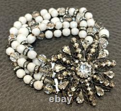 VTG EUGENE Haskell Designer Bracelet Milk Glass Rhinestone Flower Clasp Signed