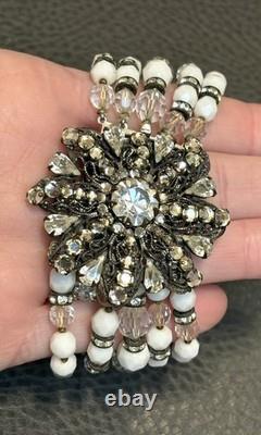 VTG EUGENE Haskell Designer Bracelet Milk Glass Rhinestone Flower Clasp Signed