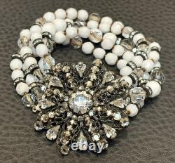 VTG EUGENE Haskell Designer Bracelet Milk Glass Rhinestone Flower Clasp Signed