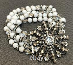 VTG EUGENE Haskell Designer Bracelet Milk Glass Rhinestone Flower Clasp Signed