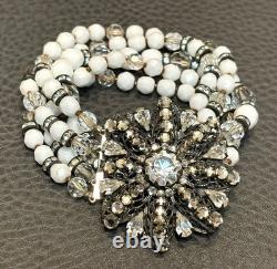 VTG EUGENE Haskell Designer Bracelet Milk Glass Rhinestone Flower Clasp Signed