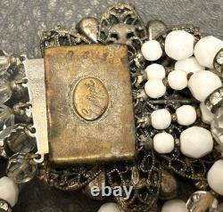 VTG EUGENE Haskell Designer Bracelet Milk Glass Rhinestone Flower Clasp Signed