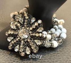 VTG EUGENE Haskell Designer Bracelet Milk Glass Rhinestone Flower Clasp Signed