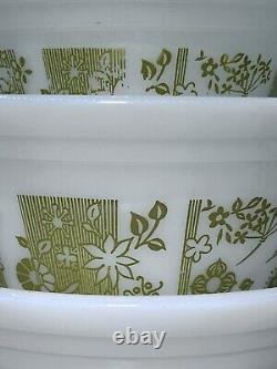 VTG Federal Milk Glass Nesting Mixing Bowl Set of 5 Olive / Avocado Green Floral