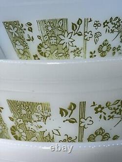 VTG Federal Milk Glass Nesting Mixing Bowl Set of 5 Olive / Avocado Green Floral