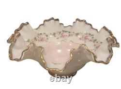 VTG Fenton Charleton Edge Hand Painted Roses Dish Pink Rose Milk Glass 8
