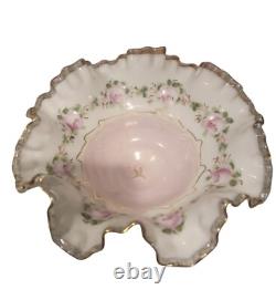 VTG Fenton Charleton Edge Hand Painted Roses Dish Pink Rose Milk Glass 8