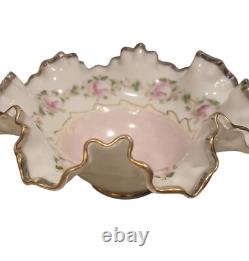 VTG Fenton Charleton Edge Hand Painted Roses Dish Pink Rose Milk Glass 8