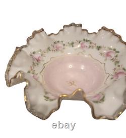 VTG Fenton Charleton Edge Hand Painted Roses Dish Pink Rose Milk Glass 8