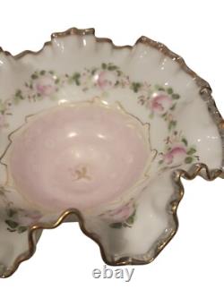 VTG Fenton Charleton Edge Hand Painted Roses Dish Pink Rose Milk Glass 8