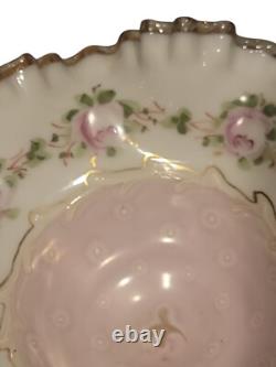 VTG Fenton Charleton Edge Hand Painted Roses Dish Pink Rose Milk Glass 8