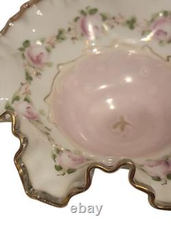 VTG Fenton Charleton Edge Hand Painted Roses Dish Pink Rose Milk Glass 8