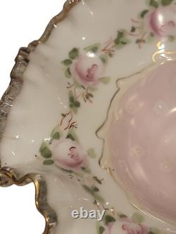 VTG Fenton Charleton Edge Hand Painted Roses Dish Pink Rose Milk Glass 8