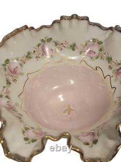 VTG Fenton Charleton Edge Hand Painted Roses Dish Pink Rose Milk Glass 8