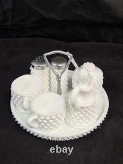 VTG Fenton Hobnail Milk Glass Condiment Set #3809 10 PC Salt Pepper Cream Sugar