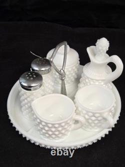 VTG Fenton Hobnail Milk Glass Condiment Set #3809 10 PC Salt Pepper Cream Sugar
