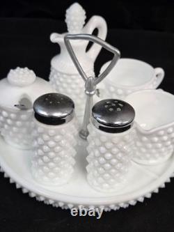 VTG Fenton Hobnail Milk Glass Condiment Set #3809 10 PC Salt Pepper Cream Sugar