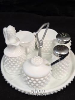 VTG Fenton Hobnail Milk Glass Condiment Set #3809 10 PC Salt Pepper Cream Sugar