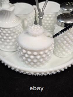 VTG Fenton Hobnail Milk Glass Condiment Set #3809 10 PC Salt Pepper Cream Sugar