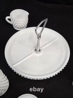 VTG Fenton Hobnail Milk Glass Condiment Set #3809 10 PC Salt Pepper Cream Sugar