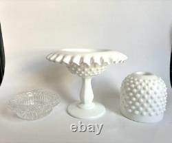 VTG Fenton White Milk Glass Pedestal 3 Piece Hobnail Footed Fairy Lamp 8 READ