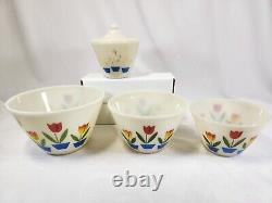 VTG Fire King Tulip Nesting Mixing Bowls Grease Jar Milk Glass Set of 4 Anchor