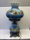 Vtg Gone With The Wind Blue White Milk Glass Hurricane Lamp With Brass Flowers 21