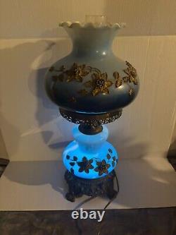 VTG Gone with the Wind Blue White Milk Glass Hurricane Lamp with Brass Flowers 21