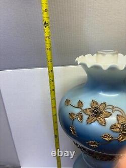 VTG Gone with the Wind Blue White Milk Glass Hurricane Lamp with Brass Flowers 21