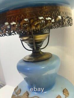 VTG Gone with the Wind Blue White Milk Glass Hurricane Lamp with Brass Flowers 21