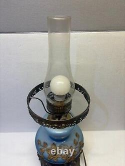 VTG Gone with the Wind Blue White Milk Glass Hurricane Lamp with Brass Flowers 21