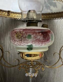 VTG Hanging Oil Lamp White Light Flame Company With Hand Painted Milk Glass Shade