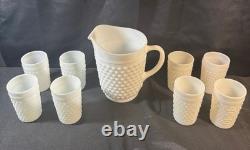 VTG Hobnail Milk Glass Pitcher and 9 Glasses Anchor Hocking MCM