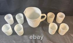 VTG Hobnail Milk Glass Pitcher and 9 Glasses Anchor Hocking MCM