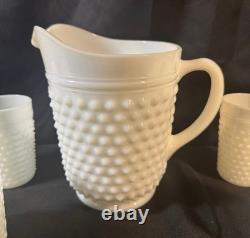 VTG Hobnail Milk Glass Pitcher and 9 Glasses Anchor Hocking MCM
