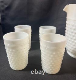 VTG Hobnail Milk Glass Pitcher and 9 Glasses Anchor Hocking MCM