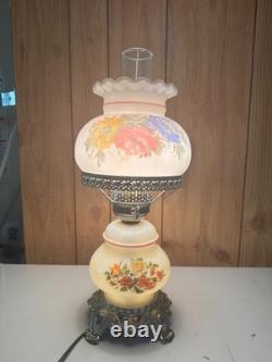 VTG MCM White Milk Glass Hurricane Gone With The Wind Lamp with Silver Base Floral