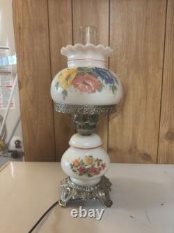 VTG MCM White Milk Glass Hurricane Gone With The Wind Lamp with Silver Base Floral