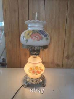 VTG MCM White Milk Glass Hurricane Gone With The Wind Lamp with Silver Base Floral