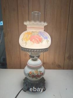 VTG MCM White Milk Glass Hurricane Gone With The Wind Lamp with Silver Base Floral