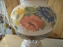 VTG MCM White Milk Glass Hurricane Gone With The Wind Lamp with Silver Base Floral